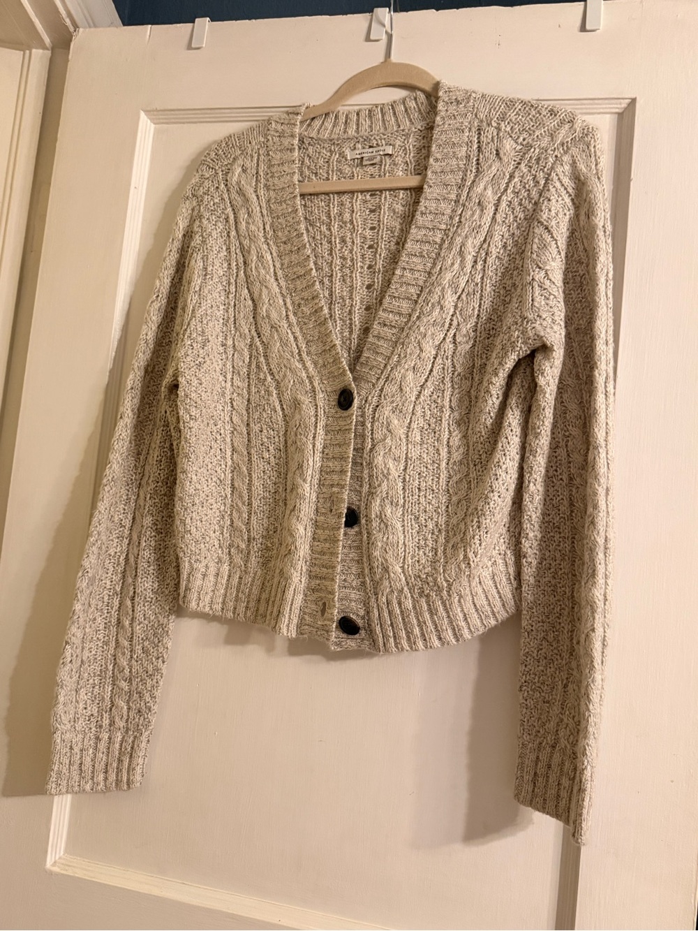 American Eagle Outfitters Cream Cable Knit V-Neck Button Cardigan